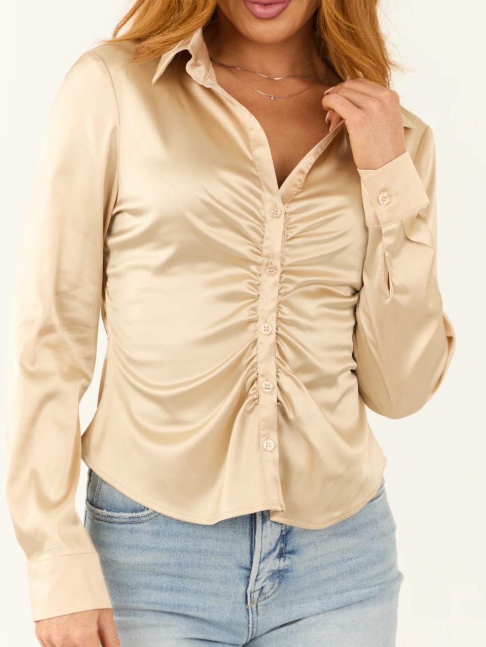 Abercrombie & Fitch Champagne Satin Ruched Button-Down
